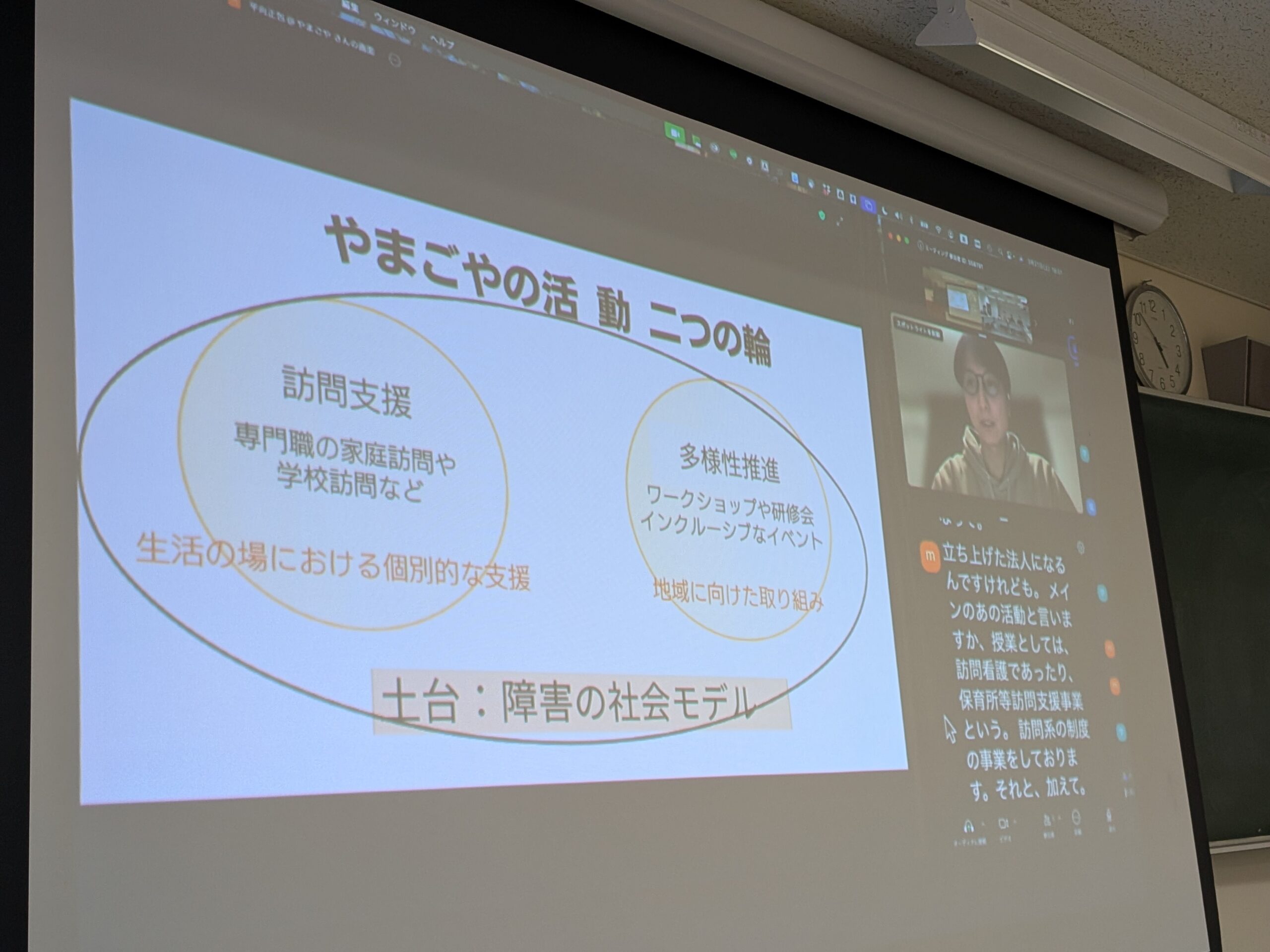 やまごやの実践報告。スクリーンに「やまごやの活動 二つの輪」のスライドが映し出されている。オンラインからも参加者が映っている